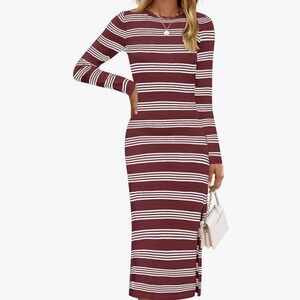 ZESICA Women's Fuchsia Fall Long Sleeve Striped Knit Midi Dress NWT Size L